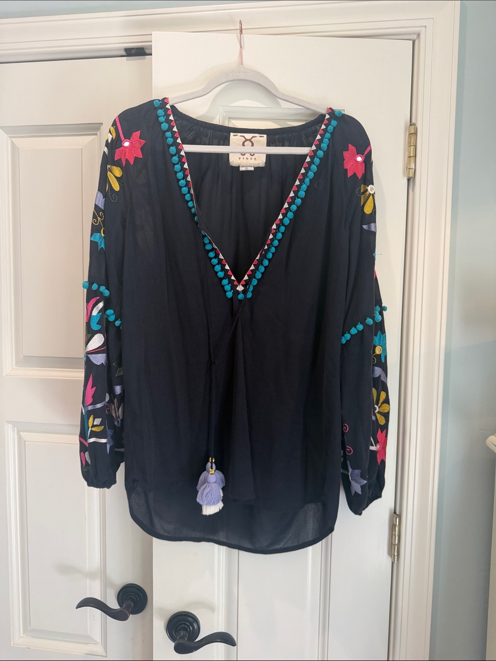 Embroidered Black Peasant Blouse with Turquoise Pom Trim
